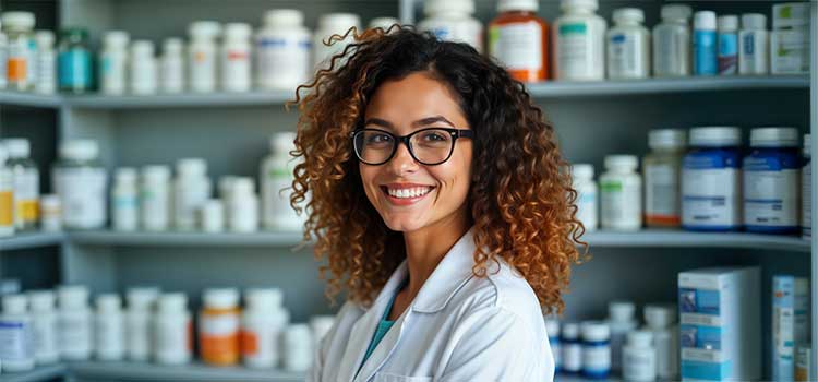 smiling pharmacy technician stands in front of shelves of pharmaceuticals