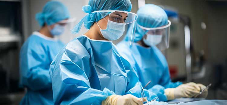 surgical technologists prepare to hand surgeon instruments during surgical procedure
